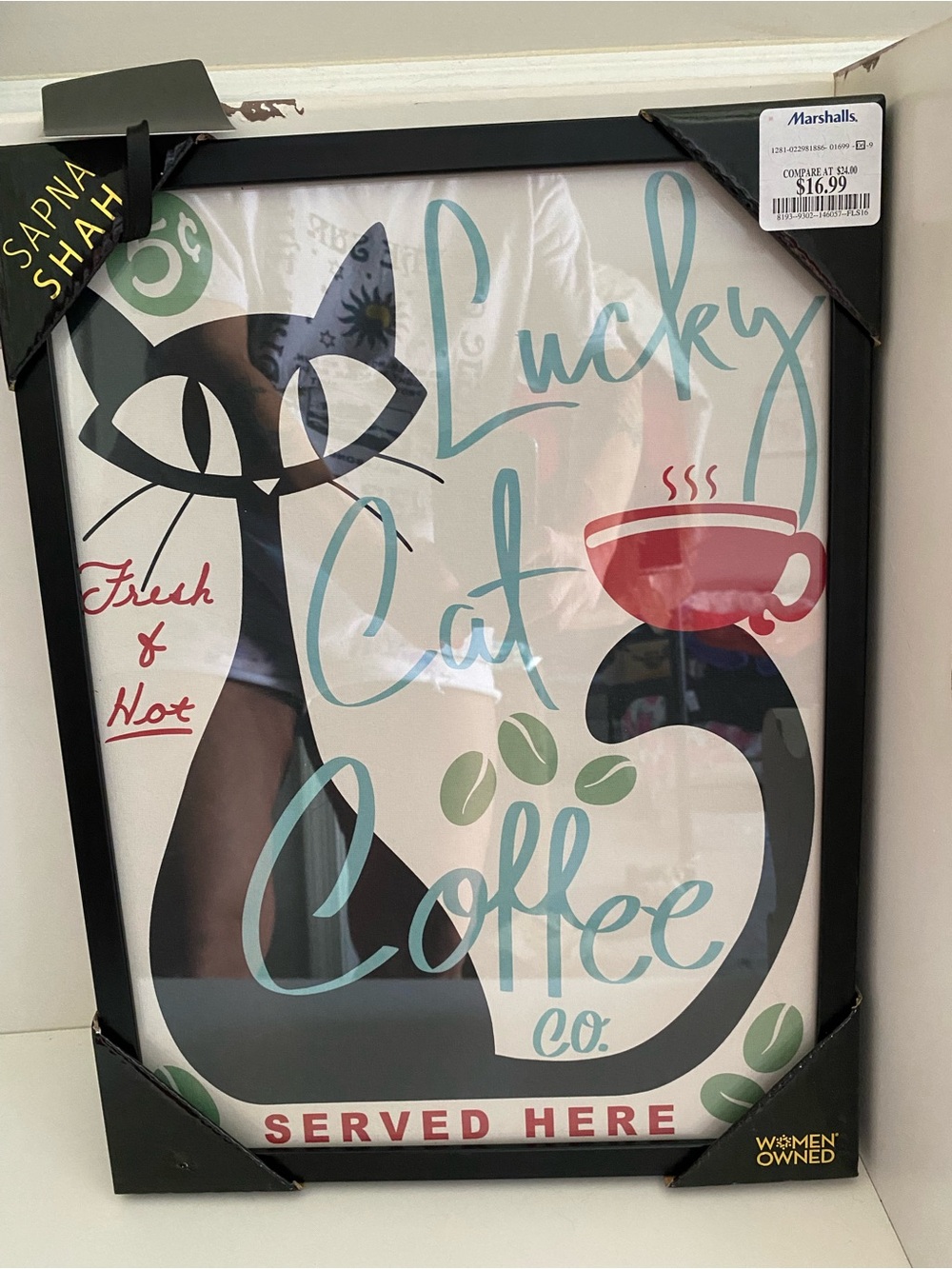 Sapna Shah Viral Lucky Cat Coffee Co. Wall Art  Black Cat Coffee Retro Decor NWT